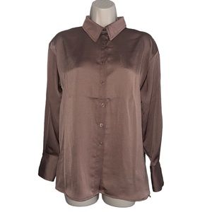 A New Day Mocha Brown Button Up Silk/Satin Shirt